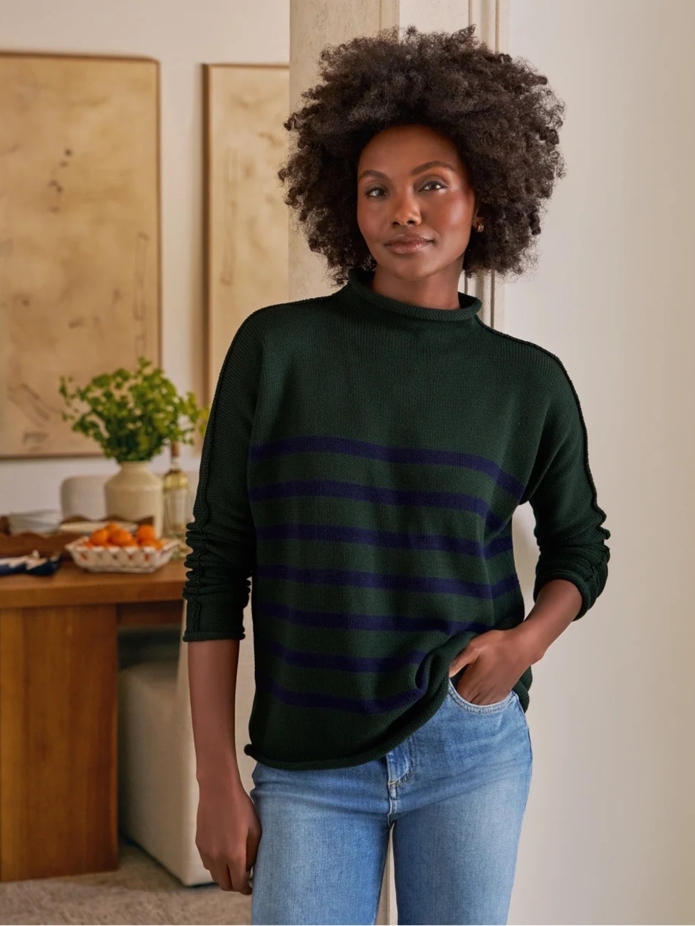 NWT Frank & Eileen Dark Green Turtleneck Sweater with Navy Stripes